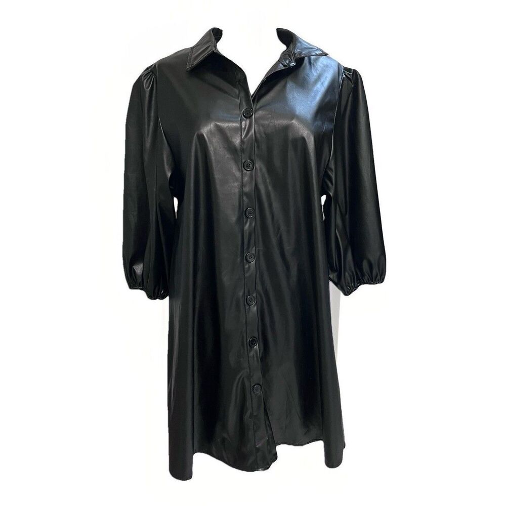 Love J Vegan Leather Puff Sleeve A Line Matrix Dress Womens XL Black Goth Witchy